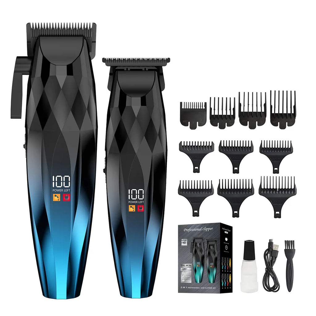 Professional cordless hair and beard trimmer set with black and blue diamond-pattern handles and digital LED displays.