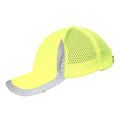 High-visibility neon yellow baseball cap with breathable mesh panels and silver reflective detailing on the peak and side.