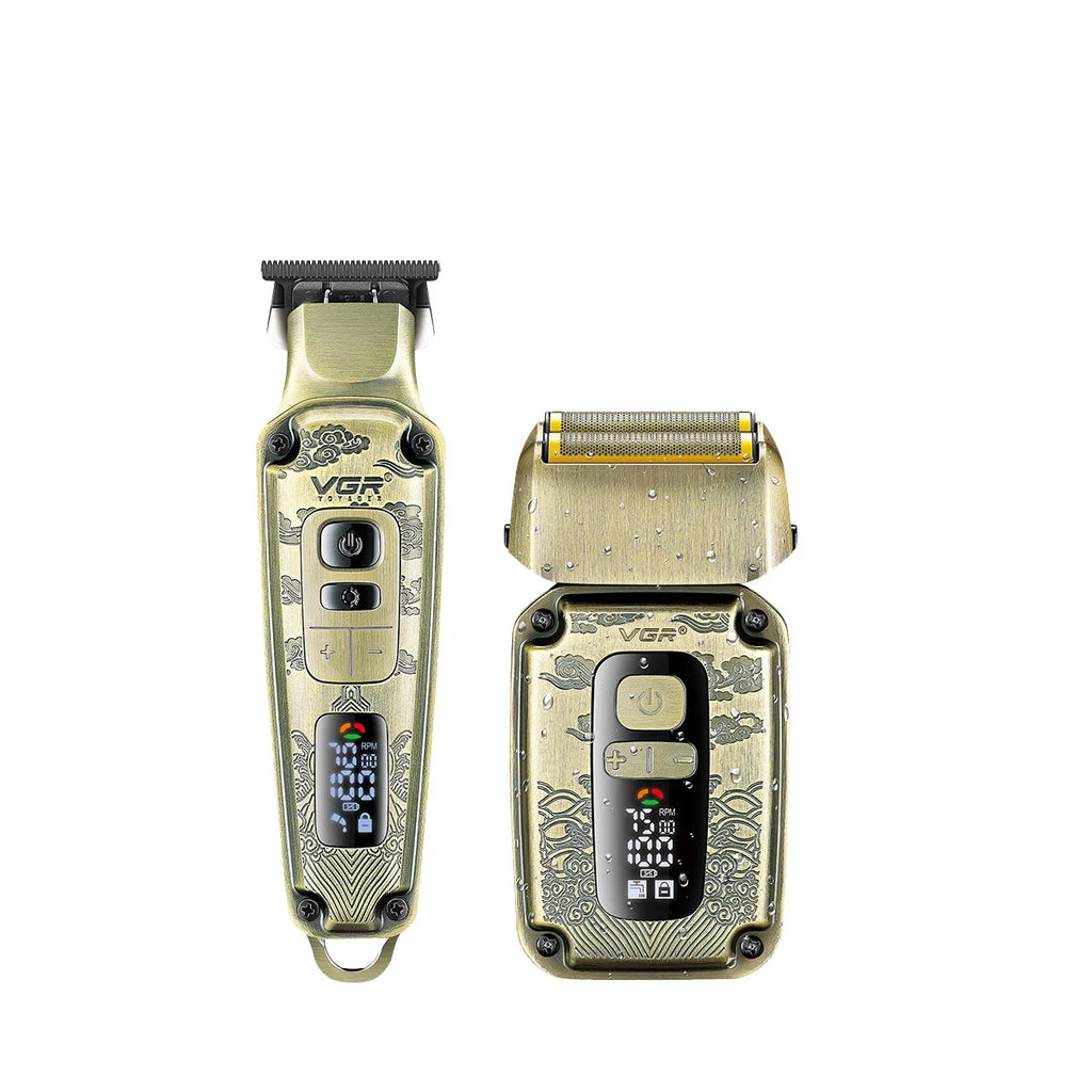 Gold cordless hair clipper and foil shaver set with engraved floral patterns, digital displays and power buttons.