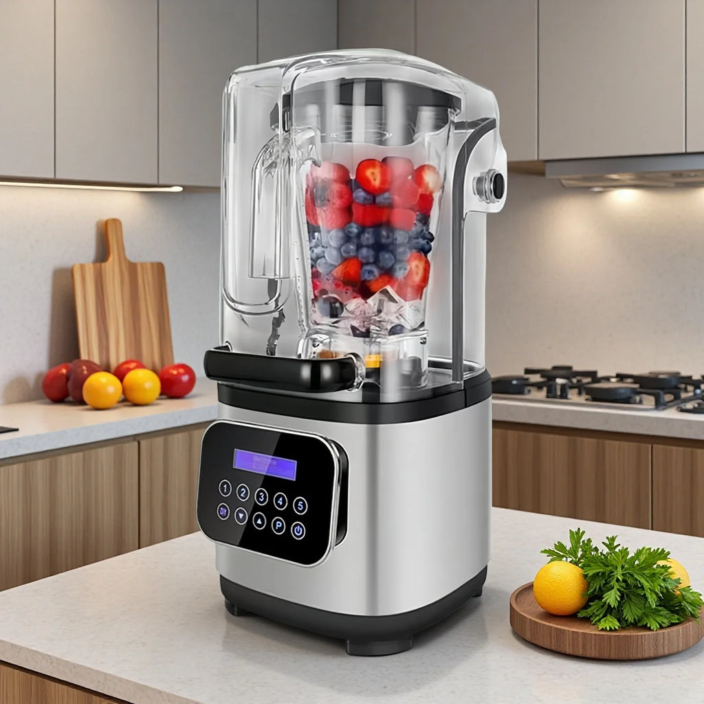 Stainless steel countertop blender with a clear sound-dampening cover, fruit-filled pitcher, and digital touch panel.