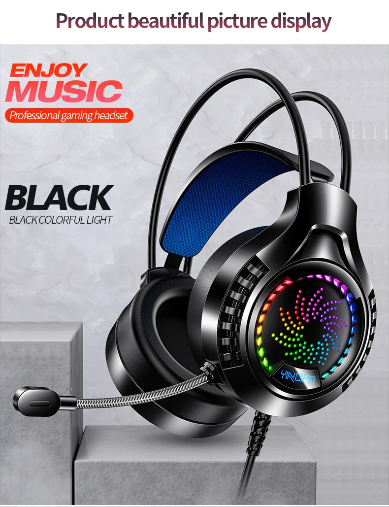 Black wired gaming headset with blue headband cushion, flexible microphone, and vibrant RGB lighting on the earcups.