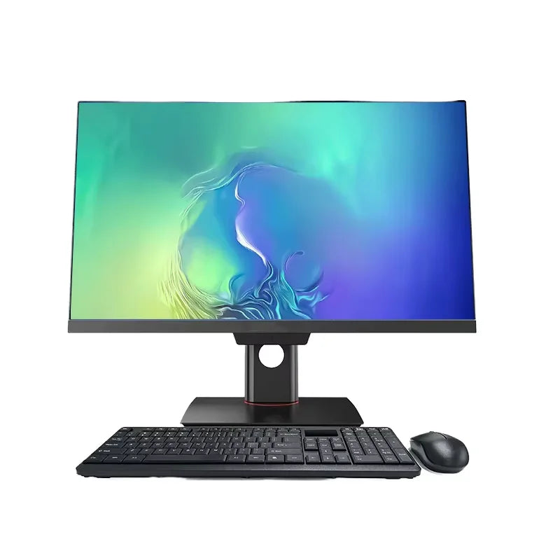 Black all-in-one desktop PC with a vibrant blue and green screen, slim-bezel display, wireless keyboard and mouse.