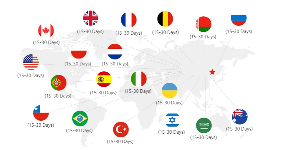 World map showing international shipping flags and a 15-30 day delivery estimate for various countries.
