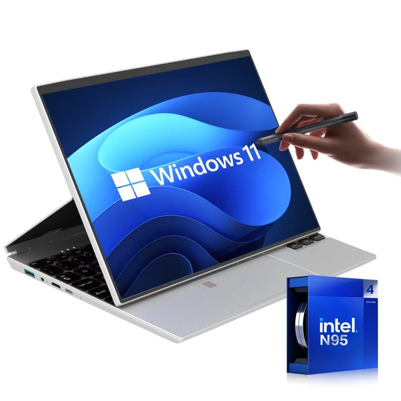 Silver 14-inch 360-degree touchscreen laptop with a backlit keyboard, being used with a stylus pen.
