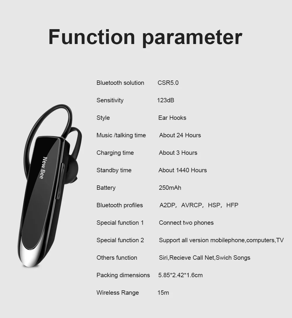 Sleek black wireless business headset with an ear hook and a list of key technical features.