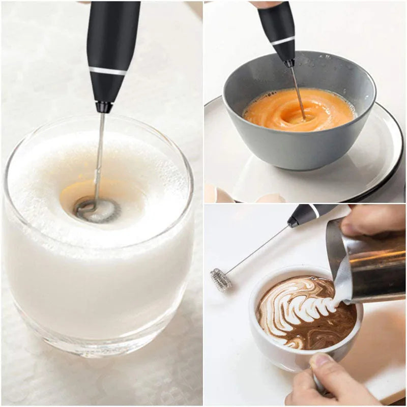 Handheld black electric milk frother with a silver whisk attachment, shown mixing liquids in glasses and bowls.
