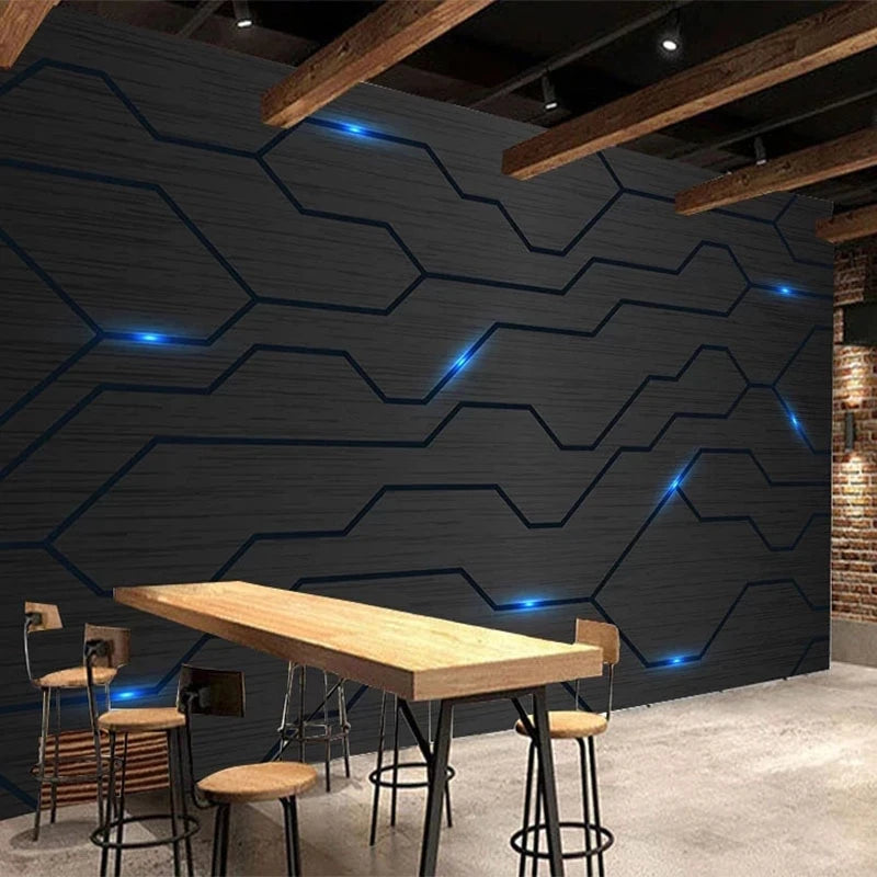 Modern dark grey 3D wallpaper with a geometric circuit-board pattern featuring glowing blue light accents.