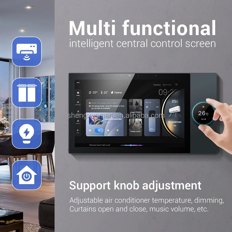 Sleek black 10-inch smart home touch panel with an integrated rotary knob for intuitive climate and media control.