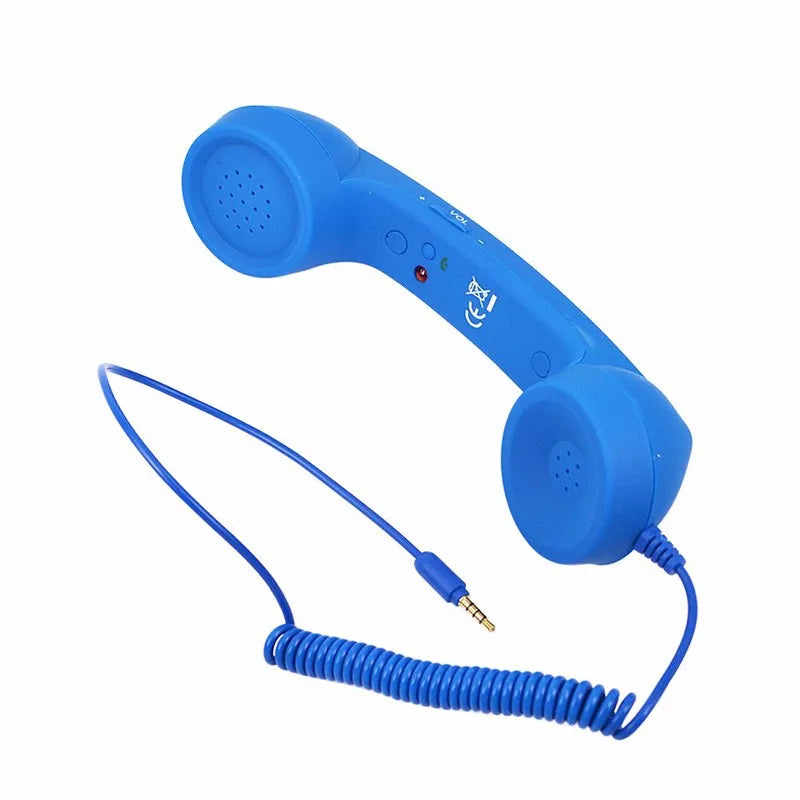 Bright blue vintage-style telephone handset with a coiled cord and 3.5mm jack connector.
