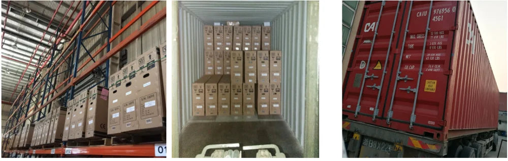 Boxes of products stored on warehouse racking, inside a container, and a red shipping container on a truck trailer.