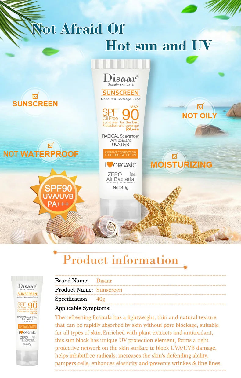 40g white tube of oil-free SPF 90 sunscreen with UVA/UVB protection, shown on a sandy beach with seashells.