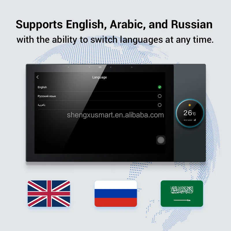 Sleek 10-inch black smart home touch panel showing language settings and climate control display.