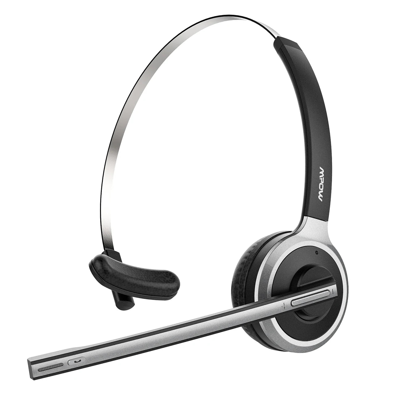 Sleek black and silver wireless headset with an adjustable microphone boom and cushioned earcup for hands-free calling.