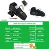 Black triangle-shaped electric bike lithium-ion battery pack with power cables and technical specification table.