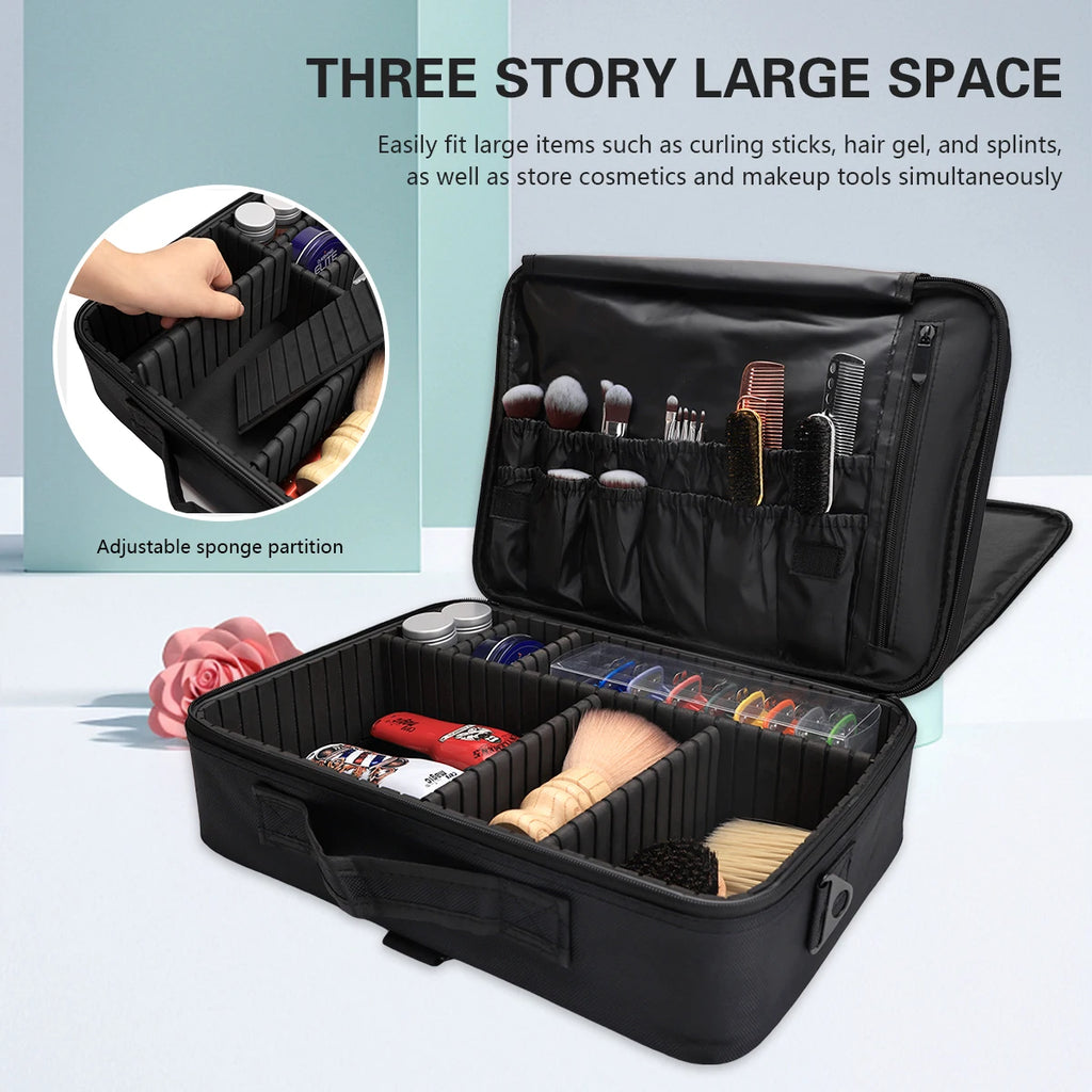 Black professional barber travel case with adjustable internal dividers, brush slots and a zipped storage lid.