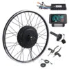 Electric bike hub motor conversion kit including a black spoked wheel, display screen, controller, throttle and brakes.