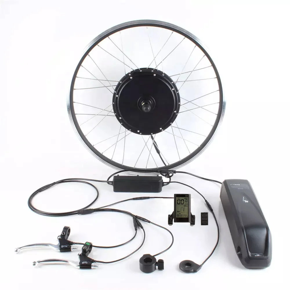 Electric bike conversion kit featuring a black hub motor wheel, battery, LCD display, brake levers, and cabling.
