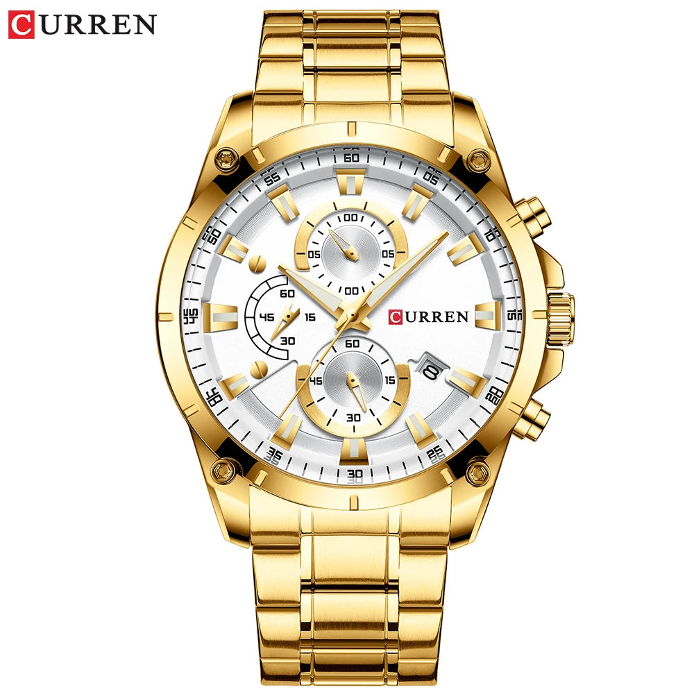 Luxury men’s gold-tone stainless steel watch with a white dial, chronograph sub-dials, and a date display.