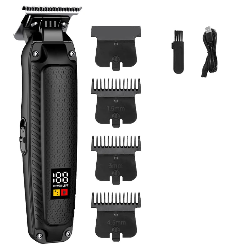 Black rechargeable hair trimmer with digital battery display, T-blade, three guide combs, cleaning brush and USB cable.