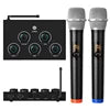 Black wireless karaoke system with two microphones, audio mixer, control knobs and antennas on a white background.