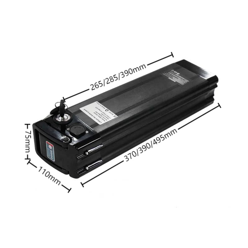 Black rectangular electric bike lithium battery pack with key lock, power indicator, and detailed dimensions shown.