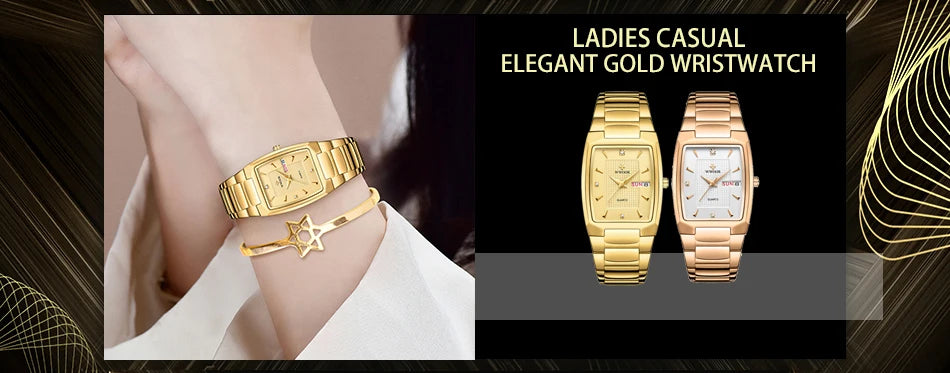 Elegant ladies' square gold-tone metal strap watches, shown on a wrist with a star bracelet and in two colour options.