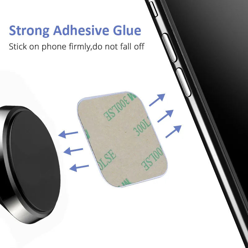 Square adhesive sticker for mounting a round magnetic phone holder, shown with a smartphone.