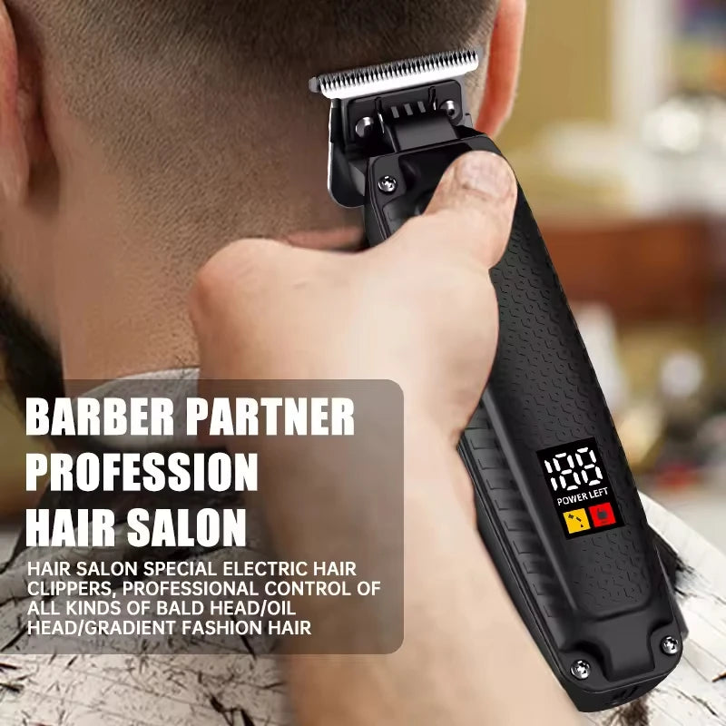 Black cordless hair trimmer with a textured grip, precision blade, and LED display showing battery life.