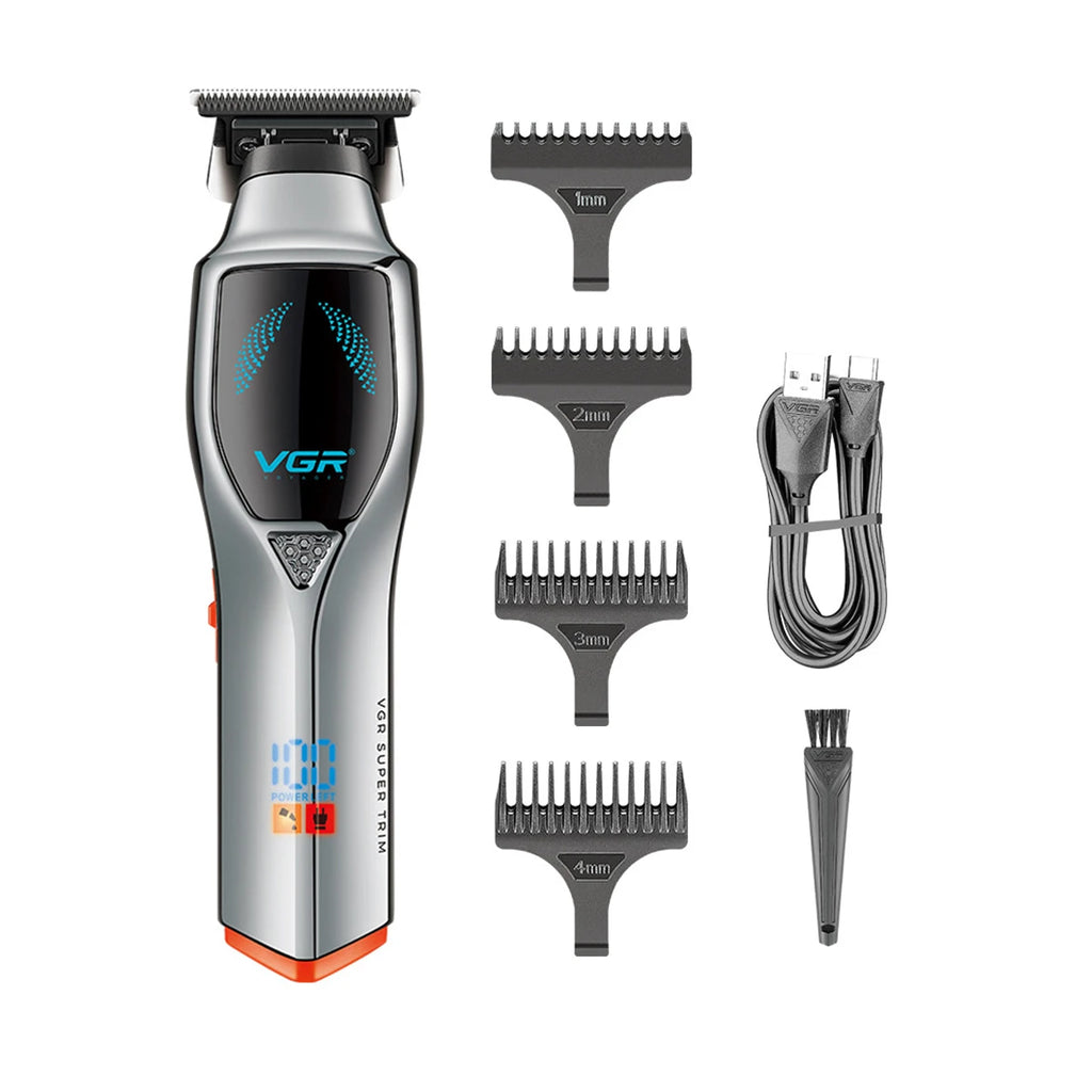 Silver cordless professional hair trimmer with digital LED display, four comb attachments, charging cable and brush.