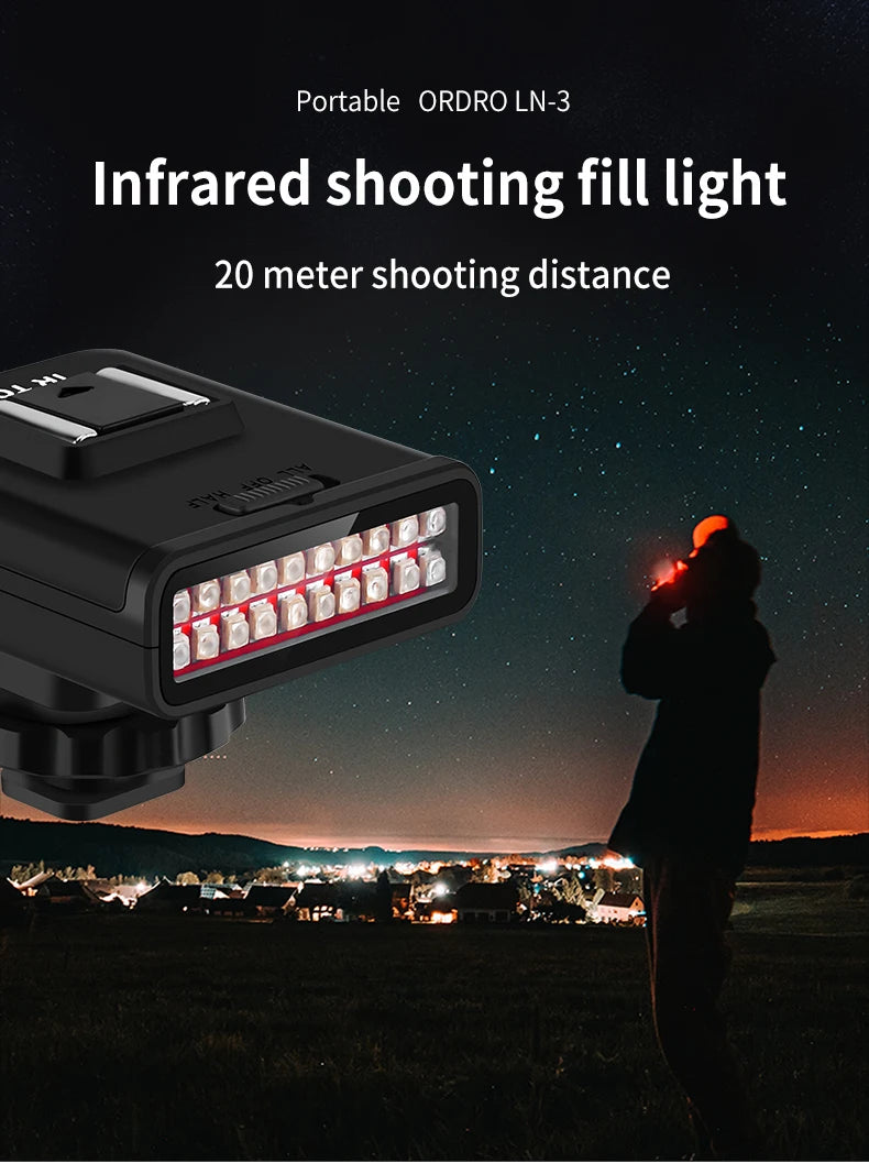 Black plastic portable infrared fill light for cameras, featuring 20 LED bulbs and a cold shoe mount.