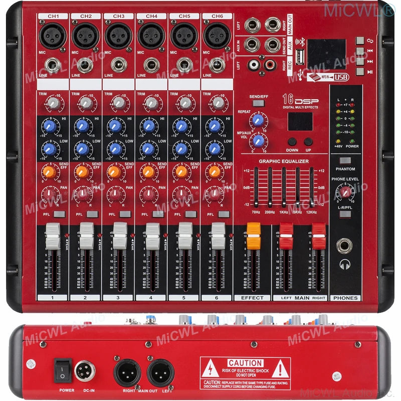Compact red 6-channel audio mixing console featuring USB/Bluetooth, graphic equaliser, and multiple sound controls.