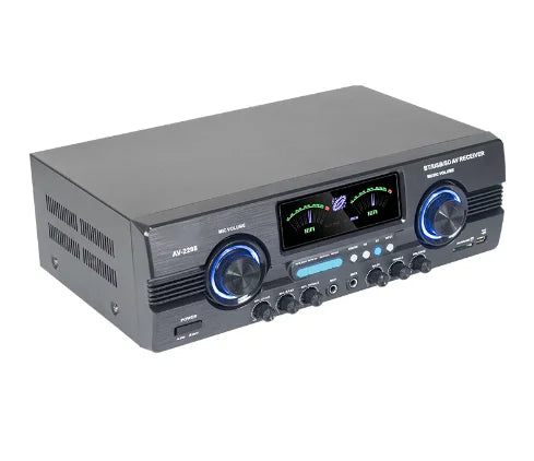 Black 5.0 channel hi-fi power amplifier with dual illuminated volume dials, central display, and front control knobs.
