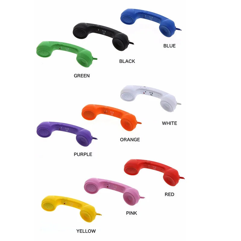 Retro-style telephone handsets in various solid colours including blue, black, green, white, orange, purple, red, and pink.