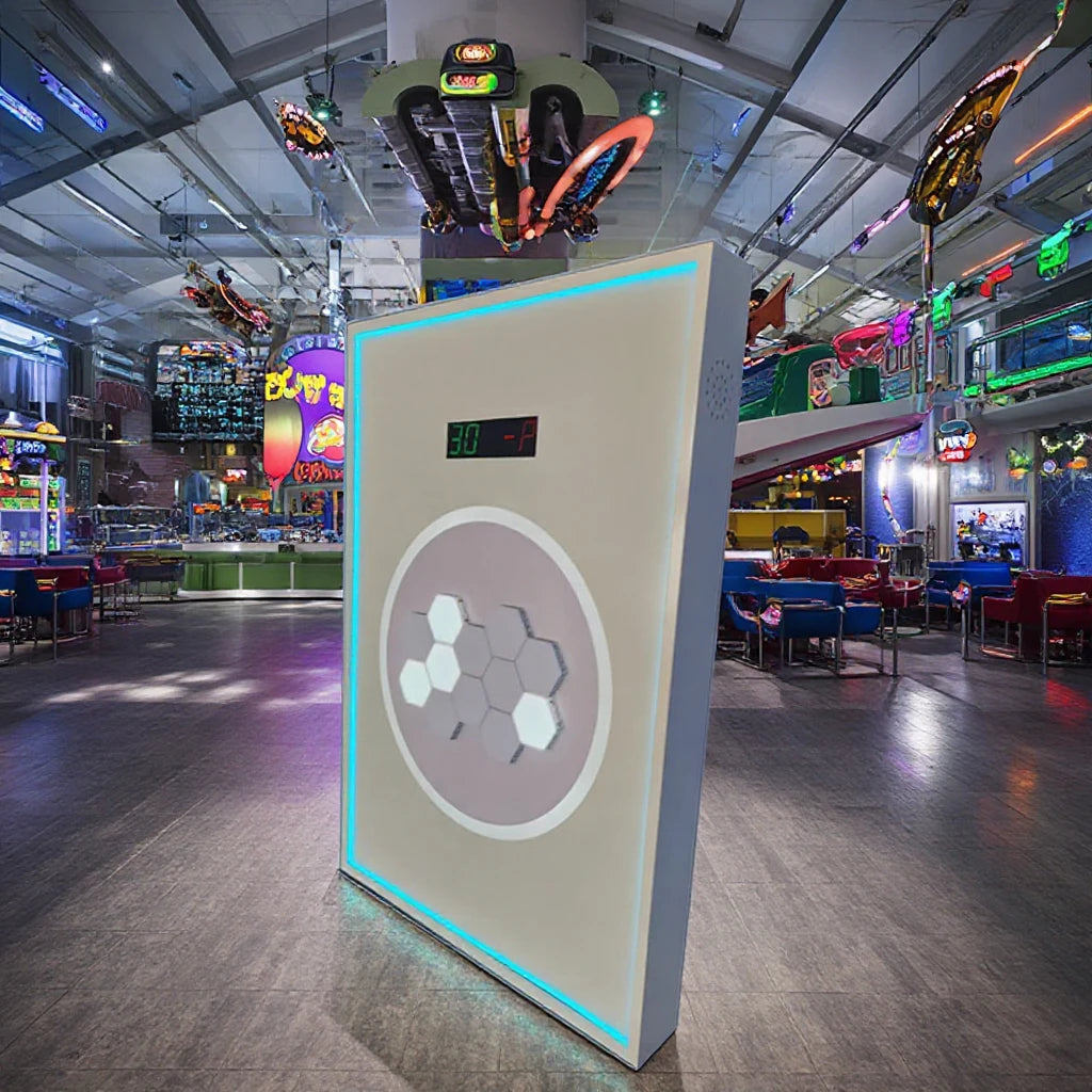 Interactive music reaction game with a white frame, blue LED trim, and a central panel of light-up hexagonal pads.