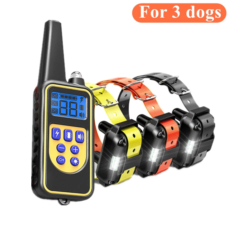 Rechargeable dog training remote with three collars in yellow, orange, and black, featuring backlit digital display.