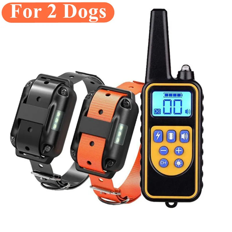 Rechargeable training set for two dogs, including a black remote and two collars in black and orange straps.
