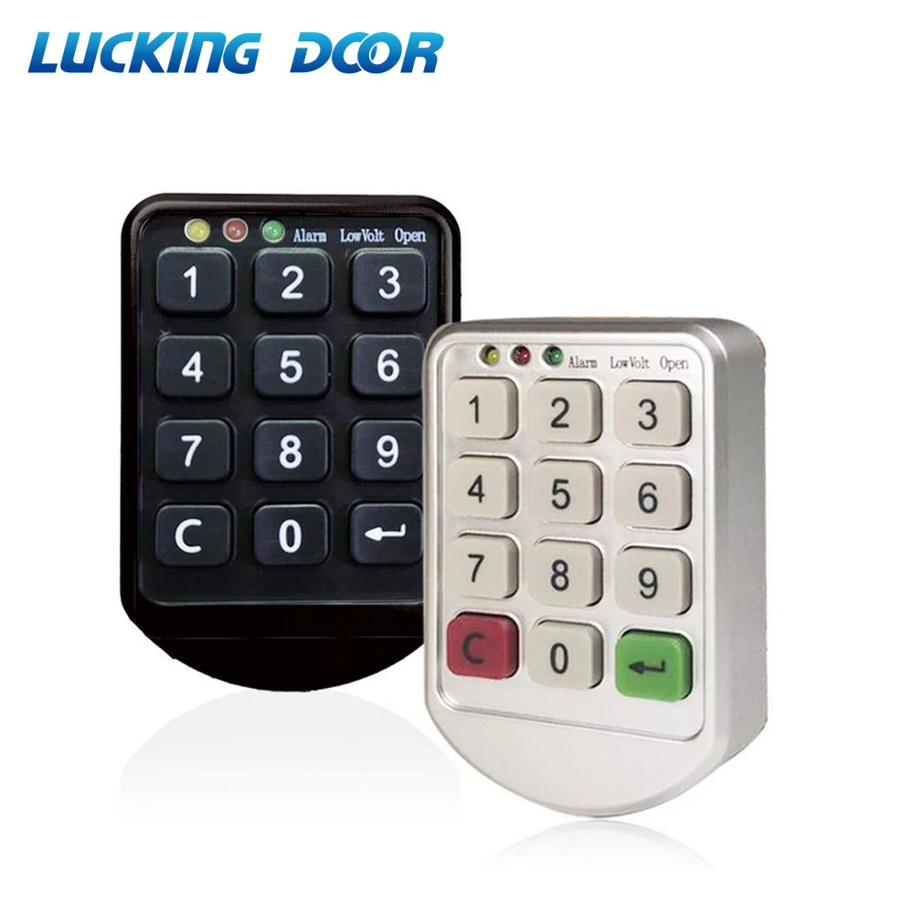 Two plastic access control keypads in black and silver with number buttons, status LEDs, and alarm labels.