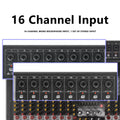 Black 16-channel audio mixer with highlighted mono microphone and line input ports.