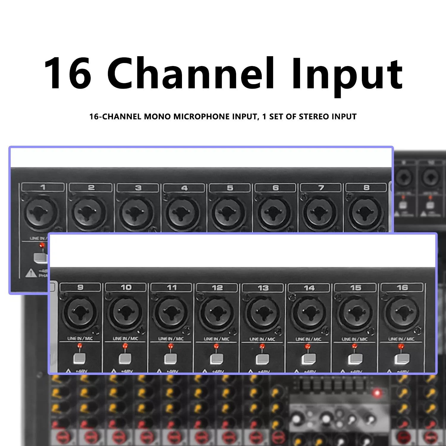 Black 16-channel audio mixer with highlighted mono microphone and line input ports.