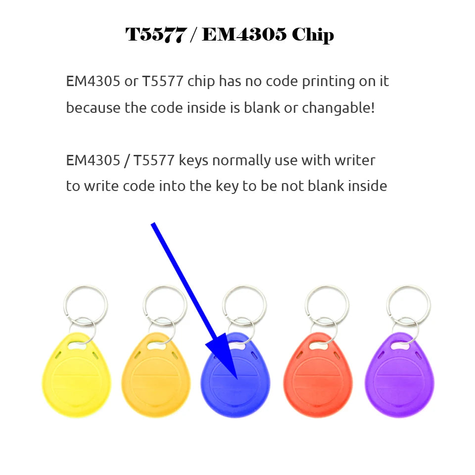 Five colorful plastic RFID key fobs with metal rings, including a blue one pointed at by an arrow.