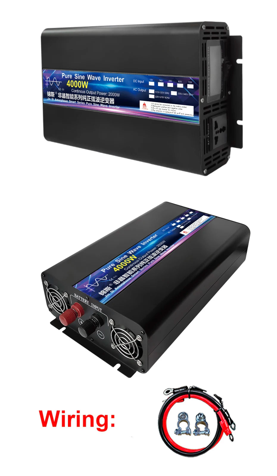 Black 4000W pure sine wave power inverter with cooling fans, AC outlets, battery input terminals, and power cables.