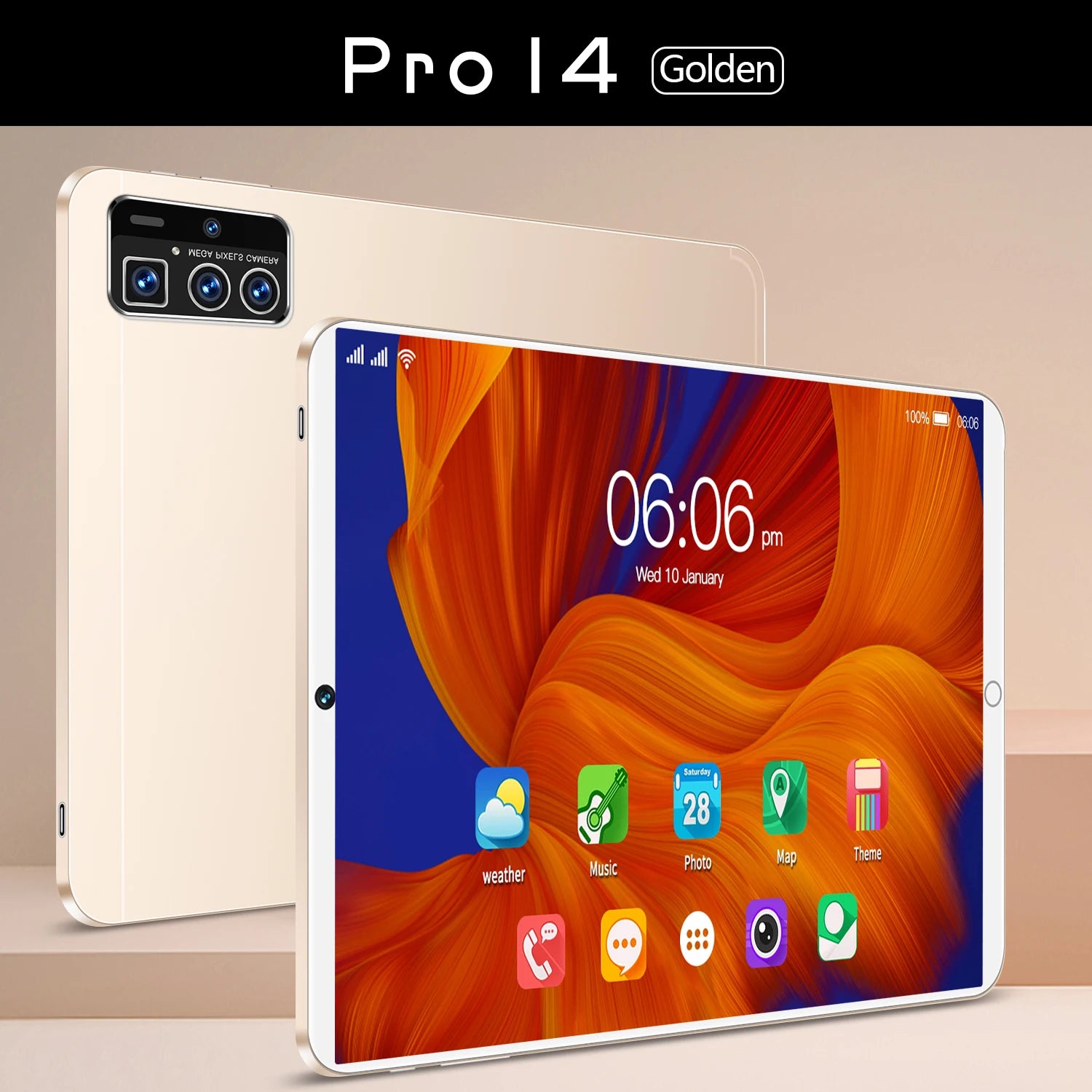 12-inch golden Android tablet with a slim, modern design, showing a vibrant home screen and triple rear camera module.