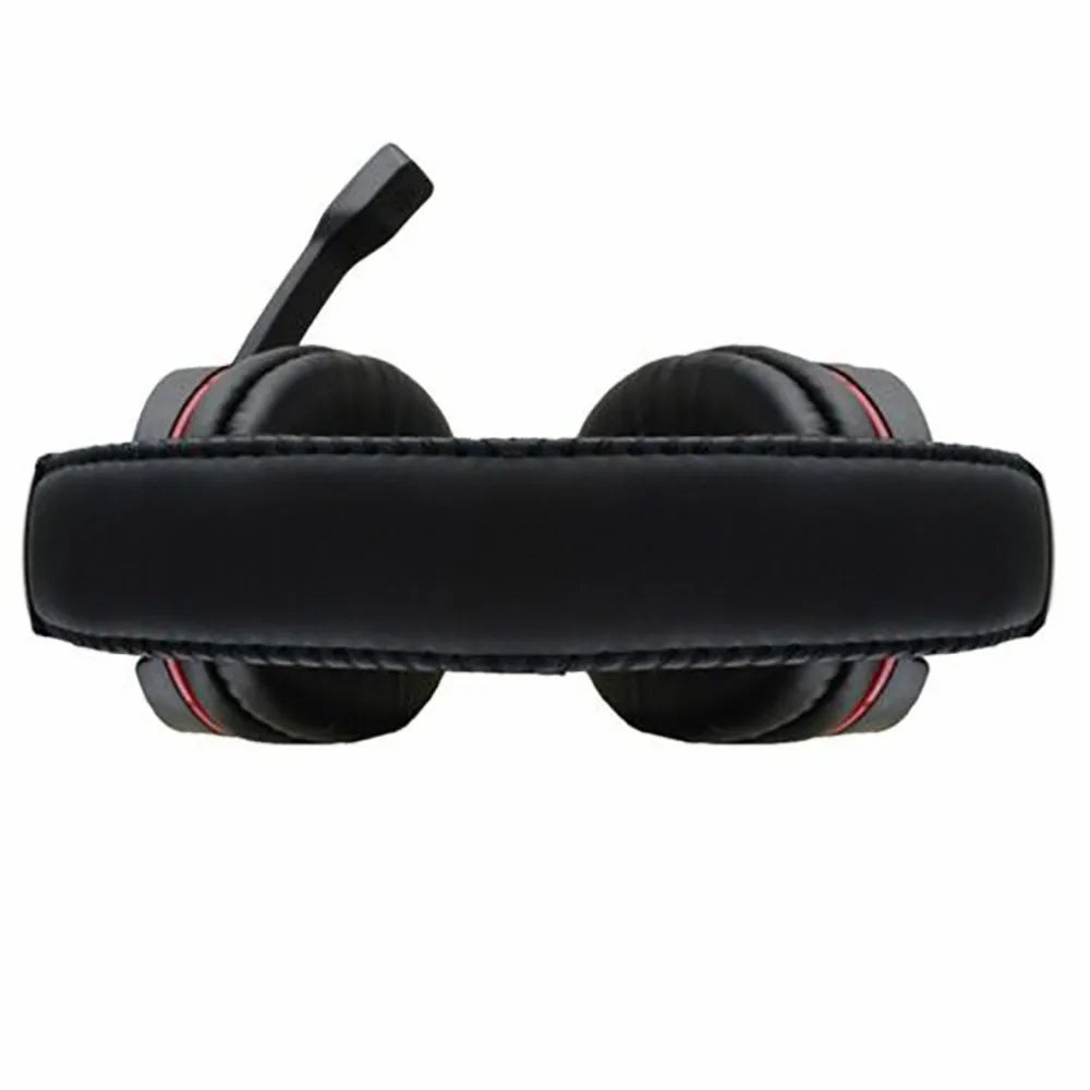 Black wired gaming headset with cushioned headband, padded ear cups, red accents, and an adjustable microphone.