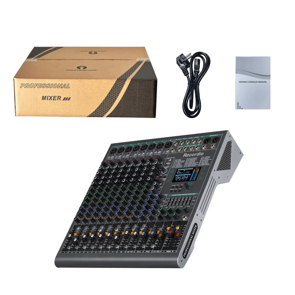 Professional 8-channel audio mixer in grey, featuring a digital display, multiple sliders, knobs, power lead and box.