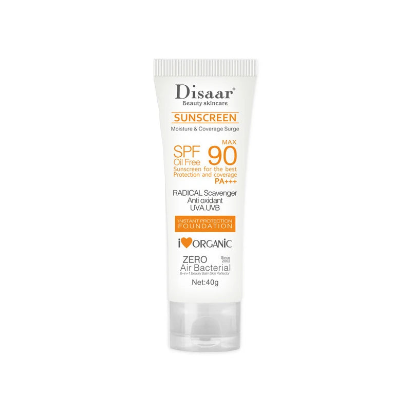 White 40g tube of oil-free SPF 90 sunscreen foundation with antioxidant protection, white bottle with orange text.