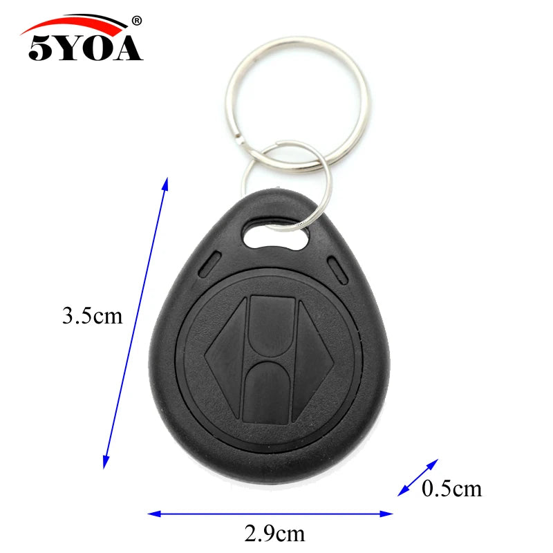 Black plastic RFID key fob with metal keyring, 3.5cm by 2.9cm by 0.5cm.