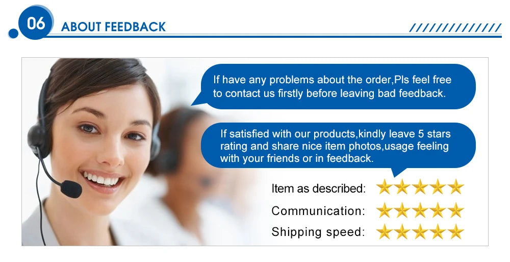 Customer service representative wearing a headset with speech bubbles requesting feedback and 5-star ratings.