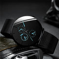 Ultra-thin men's watch with a black dial, stainless steel mesh strap, and luminous blue accents on the sub-dials.