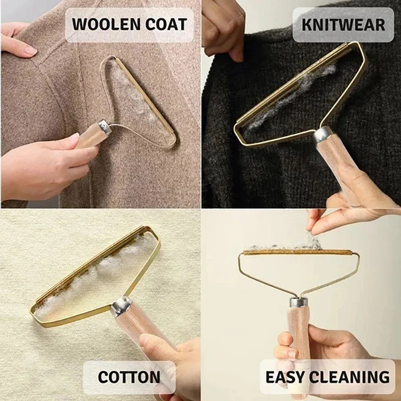 A metal lint remover with a wooden handle cleaning fabric from a woolen coat, knitwear, and cotton.