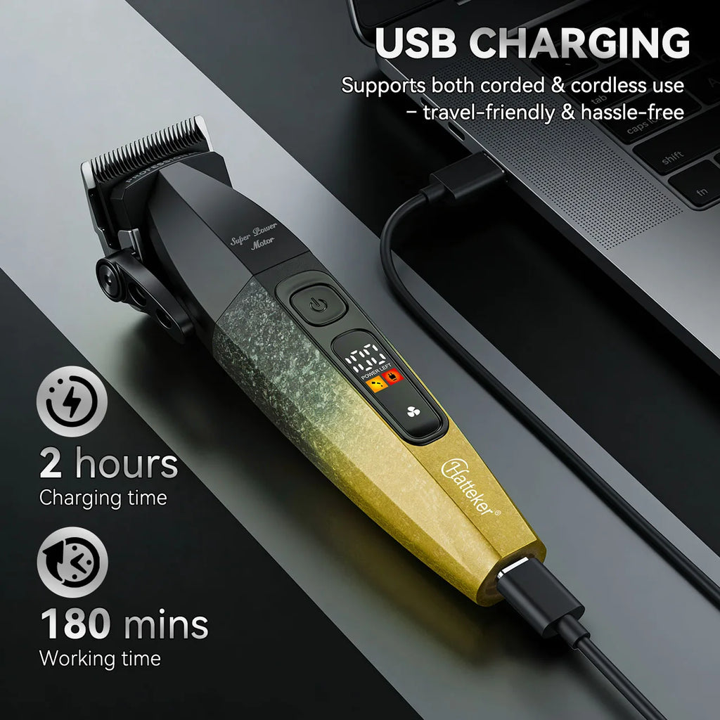 Sleek black and gold professional hair clipper with a digital battery display, shown charging via USB cable.